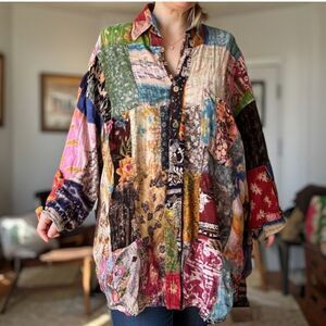 Vintage We Be Bop Multi-Color Patchwork Button Front Tunic Rayon Plus Size 2X